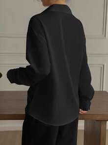 女士休闲/办公纯色扭结不对称领衬衫 春季 - 特黑 - 查看 5