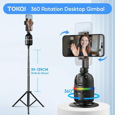 TOKQI AI人脸追踪360°旋转手机稳定器，139厘米可伸缩三脚架，智能手势控制手机支架，可拆卸设计手机支架带无线遥控器，兼容iOS和安卓系统，适用于Vlog、视频录制和直播