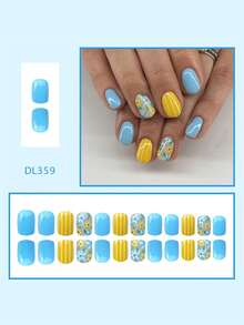 24-Piece Set Of Light Blue And Yellow Floral Striped Nail Stickers, Short Square-Shaped Fresh Fake Nails, Fresh Spring Style, Combining Pure Light Blue Nail Pieces, Yellow Striped Nail Pieces And Nude Base With Exquisite Floral Patterns. Short Fake Nails, Nail Decoration, Acrylic Nails, Suitable For Spring Outings, Daily Commutes, Parties, Dates And Other Occasions! - Multicolor - View 2