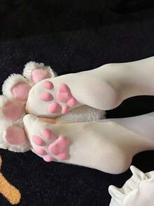 猫爪图案过膝长袜，可爱柔软3D立体珠饰袜套装，猫爪垫袜，适合女性、女孩、角色扮演 - 白色 - 查看 7