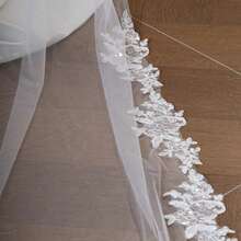 1pc Handmade Lace Edge Bridal Veil, Dark & Elegant Styledramatic Floor Length Cathedral Wedding Hair Accessory Fall Clothes For Women - Black - View 7