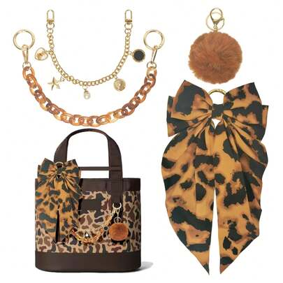 4件套豹纹手提包配件套装，包括2条链条、缎带蝴蝶结和绒球，适合女士包包装饰