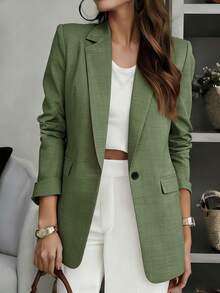 Áo blazer nữ màu trơn cổ chữ V tay dài cài một hàng khuy, phù hợp cho công sở, văn phòng, làm việc từ xa, đi làm và mặc hàng ngày, áo khoác nhẹ dùng được cả bốn mùa (xuân, hè, thu, đông). - màu xanh lá - Xem 8