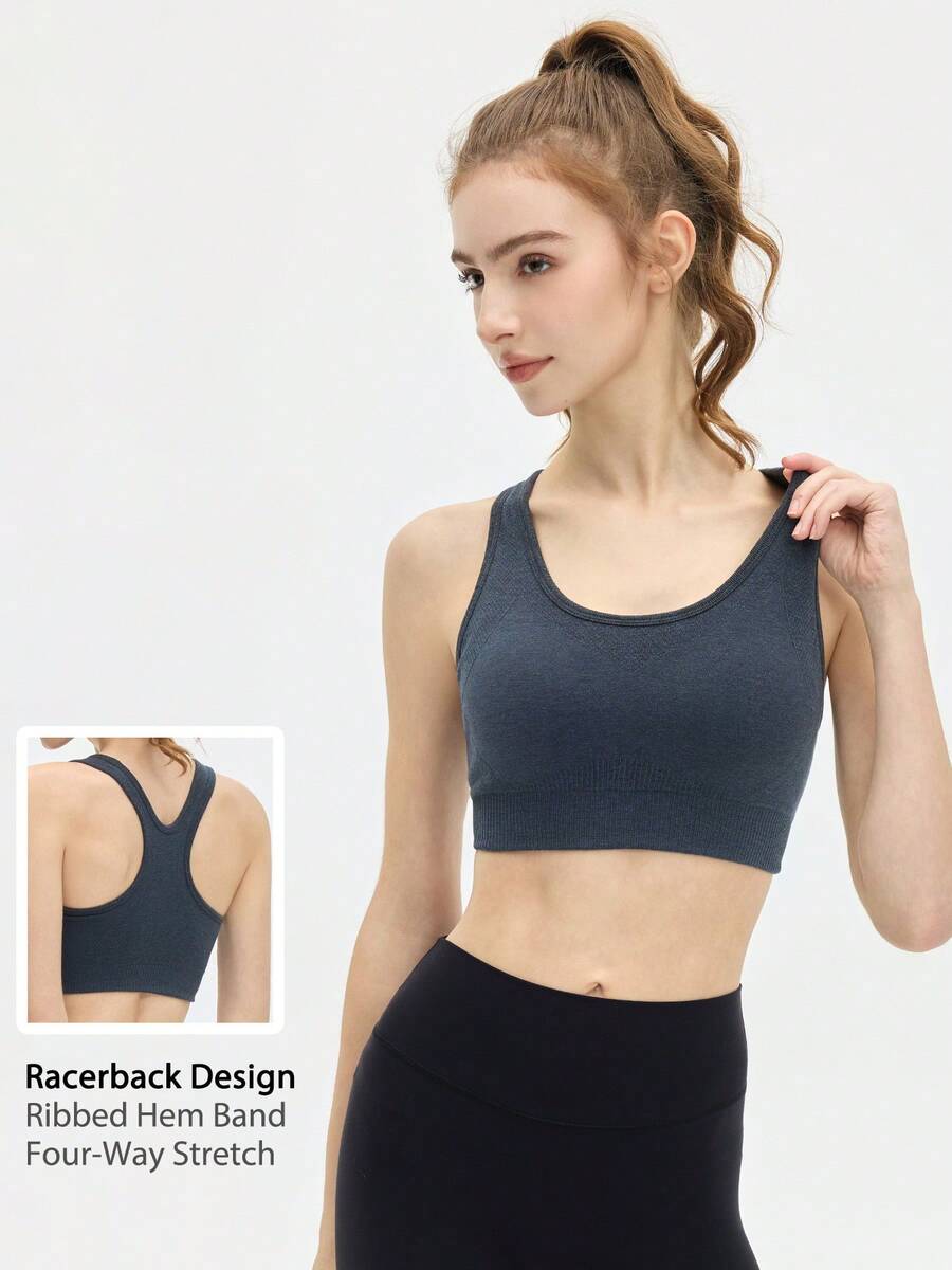 Leorrey 1pc Women's Fashion Round Neck Backless Cropped Ribbed Elastic Hem Cute & Sexy Soft Comfortable Sports Bra - Grey - View 1