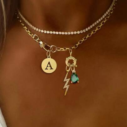 1pc Diamond Studded Lightning Bolt Necklace With 26 Emerald Encrusted Letters A-Z, Made Of Stainless Steel Chain, Exquisite Women's Holiday Gift