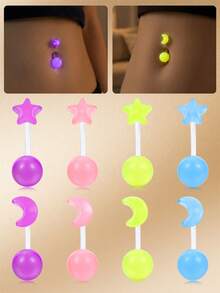 CIZME 14G Bioflex Plastik Bauchnabel Ringe, die im Dunkeln leuchten, klarer Bauchnabel Schmuck, Stern- und Mond-förmige gebogene Barbell Bauchnabel Piercings Retainer für Arbeit und Operationen, 10mm - Verschiedenfarbig - Übersicht 1