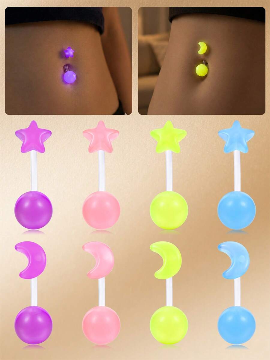 CIZME 14G Bioflex Plastik Bauchnabel Ringe, die im Dunkeln leuchten, klarer Bauchnabel Schmuck, Stern- und Mond-förmige gebogene Barbell Bauchnabel Piercings Retainer für Arbeit und Operationen, 10mm - Verschiedenfarbig - Übersicht 1