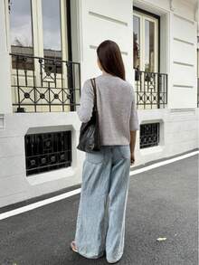 女士简约优雅通勤现代纯色纽扣开衫，春夏款 - 燕麥 - 查看 3