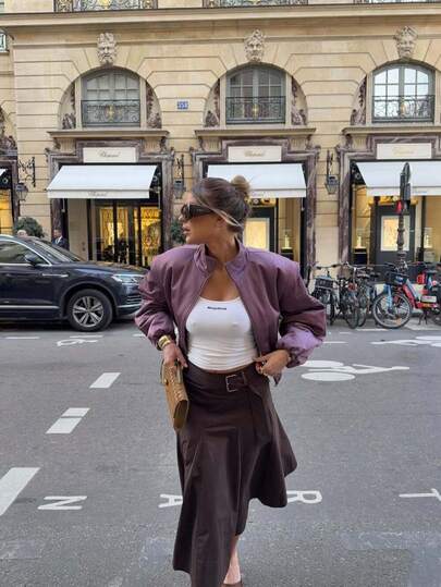 Satin Baseball Jacket, Women, Loose Silhouette, Long Sleeve, Ribbed Hem, Luxurious Satin Sheen Outerwear, Stand Collar Zip-Up Pockets, Sweet & Cool Purple Satin Baseball Jacket, Versatile Slimming Bomber