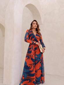 Long Sleeve Micro Tulle Pantaloon Jumpsuit - Orange - View 1