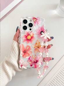 Floral Painted Braided Wave Edge Minimalist Elegant TPU Painted Shockproof Phone Case With Beaded Bracelet Accessory, Compatible With IPhone 17pro/17Air /17/17promax 16/11/16pro/16plus/16promax/16e/15Promax/13/14/12/XS/XR/7G/8PXR /7/8, 15Promax, 13, 14, Soft Case, P12, X, 12/14 Painted TPU Shockproof Soft Case - Multicolor - View 2