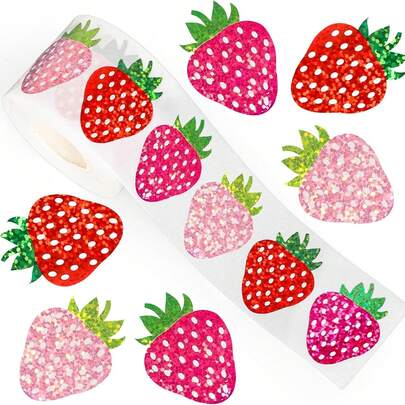 500pcs Pink Holographic Strawberry Doodle Stickers, Tri-Color Glitter Cartoon Strawberry, Large 3.8cm Asymmetrical Shape, Suitable For Envelope, Magazine, Phone Case, Water Cup, Computer Helmet, Scrapbooking And Other DIY Decoration, Party Gifts, PVC Waterproof Stickers