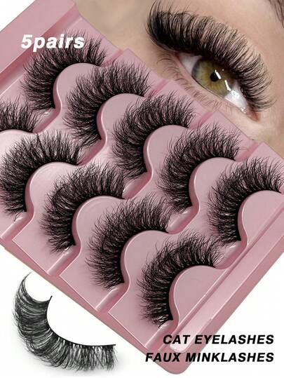 5对3D蓬松假睫毛，自然DD卷翘睫毛，仿貂毛睫毛，卡通蓬松风格睫毛，化妆工具，条状假睫毛，黑色柔软迷人卡通效果全睫毛，逼真欧美风格可重复使用睫毛