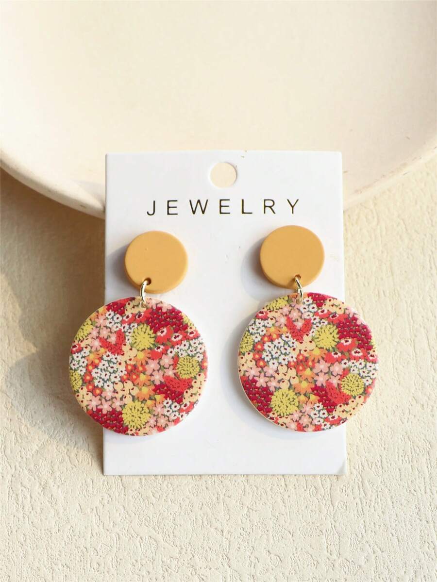 1 Pair Women's Spring/Summer Red Rose, Chrysanthemum, Orchid Floral Print Ceramic Texture Elegant Cute Fresh Round Acrylic Earrings - Multicolor - View 1