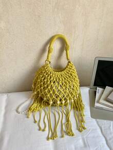 Handmade Hollow Woven Tassel Bag, Beaded Decor Handbag, Casual Commuter Sweet Style Women's Bag, Ins Woven Tote Bag, Tassel Beaded Hollow Women's Bag, Daily Commute Versatile Small Purse - Yellow - View 7