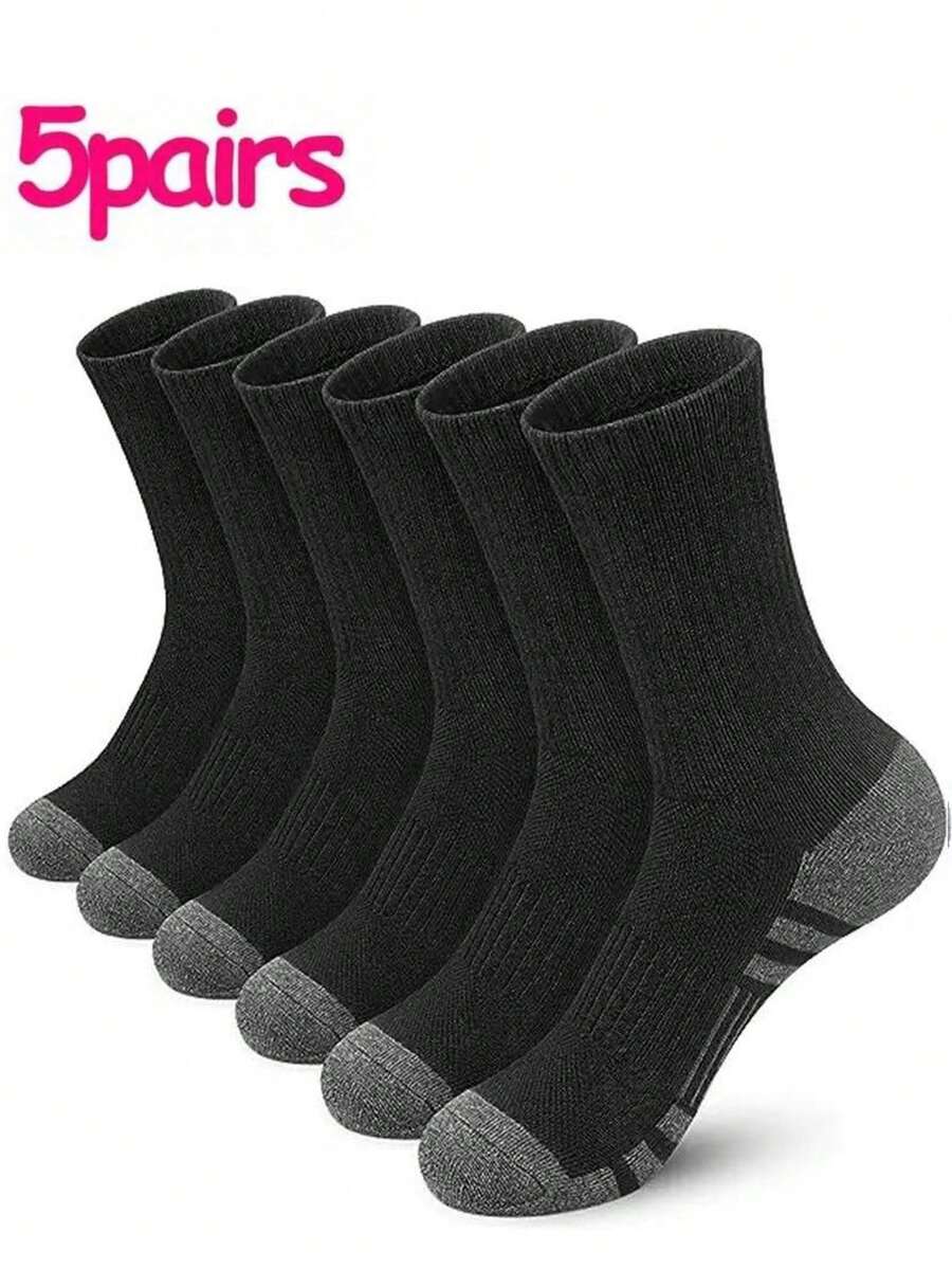 5 Pairs Black, White, Gray Crew Socks For Plus Size Men, Basketball Sports & Work Socks - Multicolor - View 1