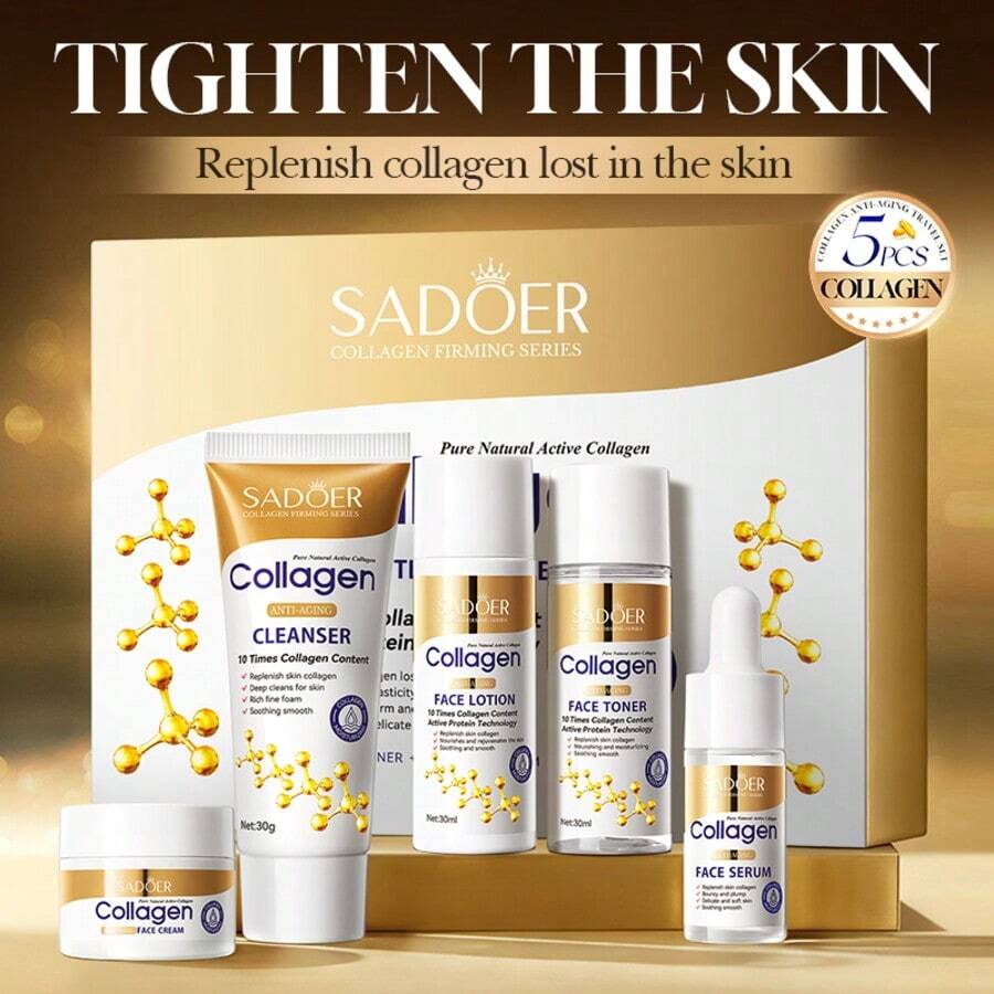5-Piece/1-Set Collagen Anti-Wrinkle Skincare Set, Travel-Sized, Convenient To Carry, Moisturizing Skincare Gift Set, Includes Rice Extract, Brightening And Moisturizing Essence, Daily Skincare Toner, Cleanser, Night Cream, And Serum, Suitable For All Skin Types, A Great Holiday Gift. - Collagen Kit - View 1