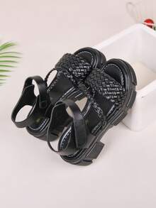 1 Pair Girls' Black Woven Design Thick-Sole Retro Roman Sandals, Quality PU Material, Hook And Loop Closure, Bohemian Style Suitable For Summer Outdoor, (Select Size Based On Foot Length Chart) - Black - View 4