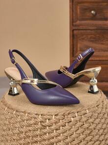 WHDXY French Purple Pointed Toe Backless Sandals, Asymmetric Heel Metal Buckle High Heels, Commuting & Date Elegant Pumps For Women - Purple - View 4