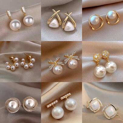 10 piezas Conjunto de aretes de perlas de circonita falsa de lujo vintage, estilos surtidos