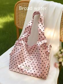 Casual Drawstring Bowknot Shoulder Bag, Polka Dot Pattern Handbag, Crescent Shoulder Bag, Pleated Casual Bag, Large Capacity Tote Bag, Outdoor Casual Bag, Commuter Bag - Pink - View 3