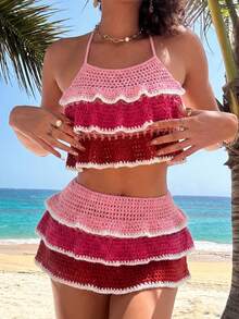 Women's Summer Vacation Sexy Pink Ombre Crochet Ruffled Halter Top And Mini Skirt Set - Multicolor - View 3