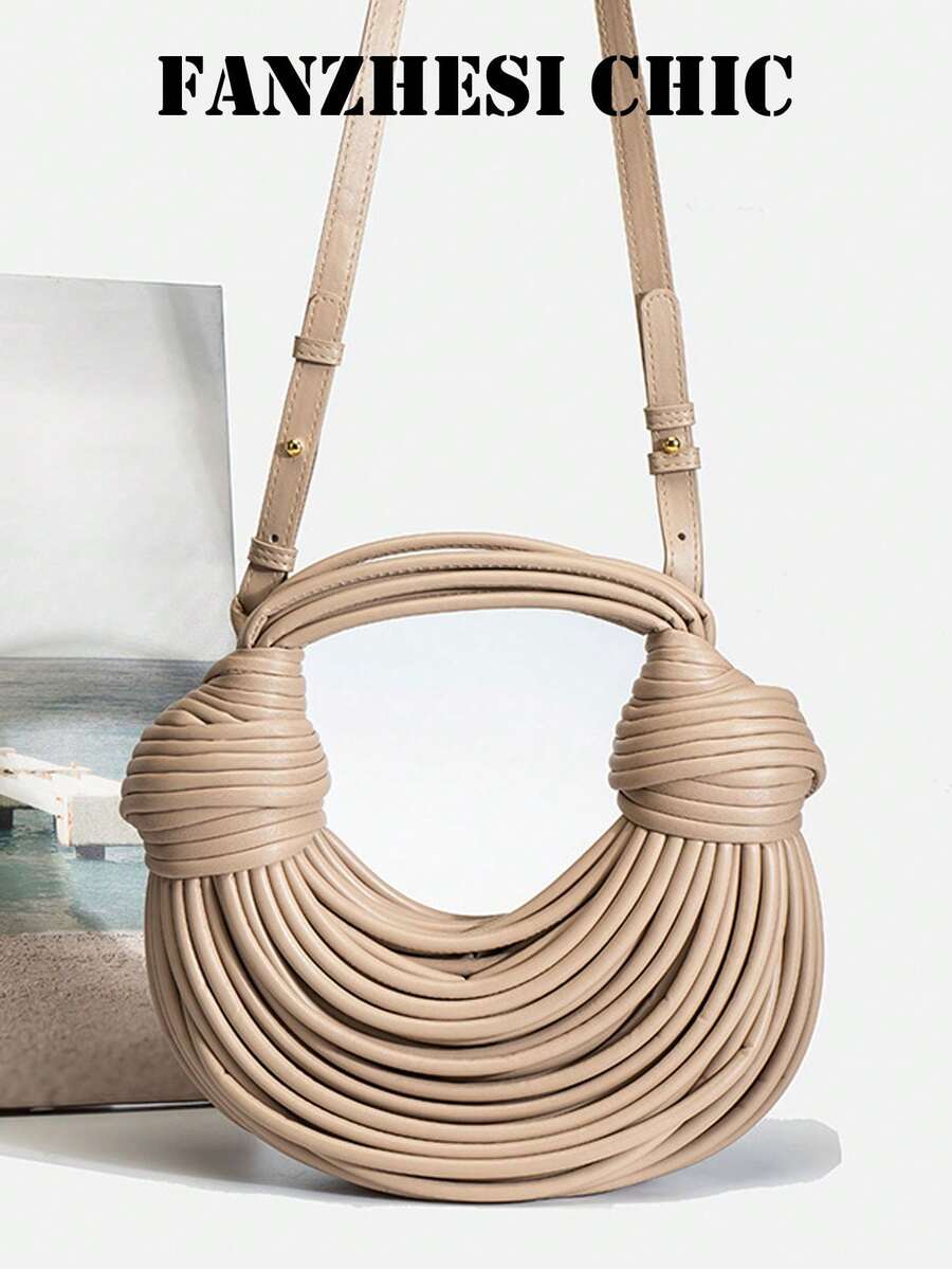 Handmade Woven Twisted Ramen Dumpling Cloud Shaped Women's Handbag, Fashion Round Woven Handle Bag - Metallic Gold Color Handmade Noodle Women's Handbag, Fashion Party Accessory, Apricot Color