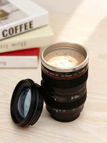 400ml Stainless Steel Travel Coffee Mug With Lid, Camera Lens Shaped, Black Couple Design, Ideal Gift For Photography Enthusiasts - Black - View 11
