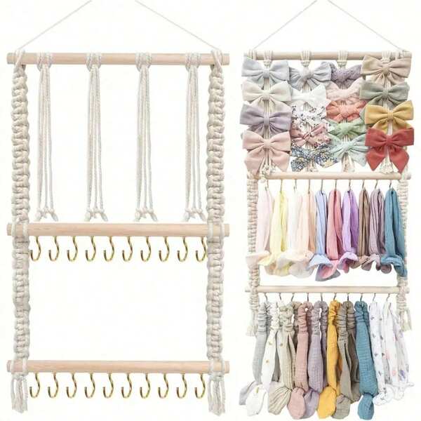 Cabideiro de Parede Feito à Mão Estilo Boho com Ganchos, Organizador de Presilhas de Laço e Prateleira de Exibição de Parede, Decoração de Parede para Quarto de Menina, Decoração de Berçário, Festa de Revelação de Gênero, Festa de Aniversário e Casamento, Presente Ideal para Família, Amigos e Colegas, Essenciais de Volta às Aulas