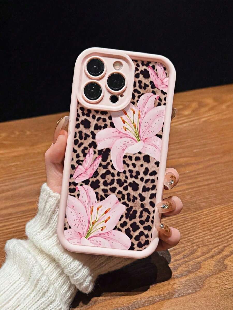 1pc Chic Butterfly Flower Leopard Print Pattern New Gradient Spray Oil Skin-Friendly Full Coverage Shockproof Fashionable Phone Case Suitable For IPhone11 12 13 14 15 16 17 Pro Max/Plus/7/8/XR/XS - Multicolor - View 1