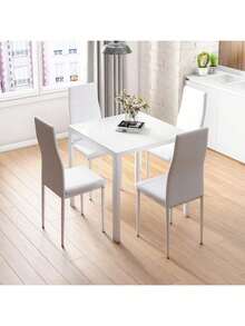 Glass Table And Chairs Set 2, 75cm Square Table With 2 Faux Leather High Back Chairs Modern Dining Room Sets For Home Kitchen Office - White - View 9