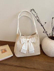 Large Capacity Woven Bag With Bow, Fashionable Straw Tote Bag, Summer Trending Shoulder Beach Bag - White - View 5