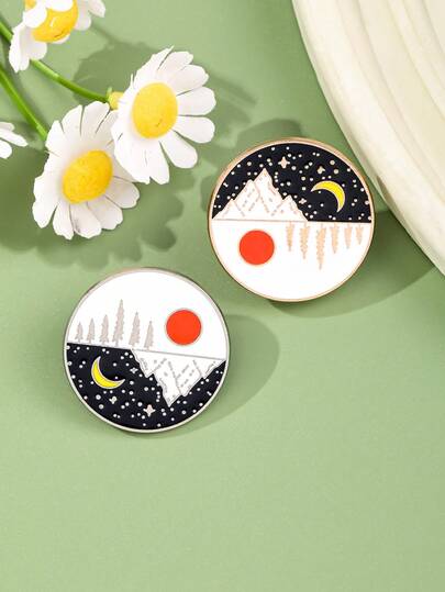 1/2pcs Day & Night Mountain Landscape Enamel Brooch, Creative Outfit Accessory, Artistic Gift Lapel Pin