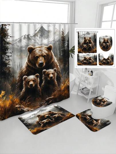 1/4pcs Giant Raccoon Family Countryside Decor Pattern Printed, Waterproof Bathroom Curtain Set, Tranquil & Healing, Waterproof & Mildew Proof, Thick Polyester, No Drill Installation, Anti-Slip Bath Mat, Toilet Seat Cover, Digital Printing, Fade Resistant, Machine Washable, All Season, Holiday Limited Edition