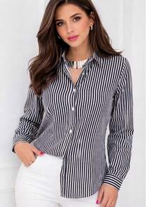 Polyester Dress Shirt With Buttons Down The Front, Striped Dress Shirt, Everyday Summer Style. - 黑色 - 查看 2