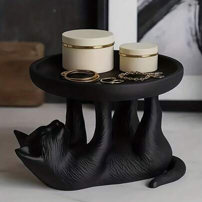 Multifunctional Cat Tray Ornament, Black Cat Lifting-Style Storage Ornament, Circular Tray Design, Suitable For Dormitory Decoration, Creative Display, Collection By Cat Culture Enthusiasts, Applicable To Family Offices, Dressing Tables, Bedside Tables, Jewelry Trays, Multifunctional Home Dressing Table Accessories, Pet-Related Decorations