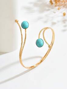 1pc Fashionable Personalized Double-Head Micro-Inlaid Blue Faux Turquoise Decor Open Adjustable Metal Cuff Bracelet Suitable For Music Festivals, Dances, Parties - Gold - View 3