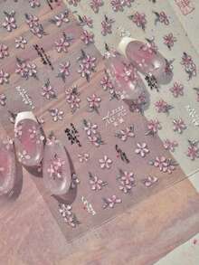 1pc Delicate Pink Flower Cluster Five-Petal Floral Plum Blossom Camellia Branch 5D Shiny Adhesive Nail Art Sticker Manicure Decals - Multicolor - View 2