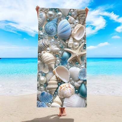 1 pieza Toalla de playa con estampado de perlas y conchas - Suave, cómoda, ligera, de secado rápido, esterilla de playa de microfibra súper absorbente, adecuada para natación, surf, yoga, camping, tomar el sol - Accesorio de playa ideal, toalla de playa moderna hecha de tela de poliéster