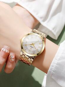 1件女士时尚休闲数字表盘优雅石英手链手表，不含表盒 - 金色 - 查看 5