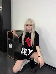 2026夏季新款圆领休闲宽松英文字母印花T恤，时尚百搭学院风街头学生日常通勤女款短袖T恤，1件装 - 黑色 - 查看 2