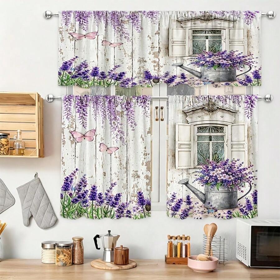 Kitchen Curtains Spiral Classic Window With Purple Lavender Bouquet Decoration, Specially Designed For Rod Pocket Hanging Method, Home Decor, Art Print, Available In Multiple Sizes, Excludes Rod Tier & Valance Set. - 1pc-60*18inch(152*46cm) - View 1