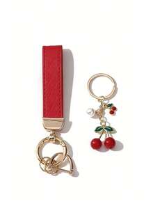 1pc Unisex Red Plaid Keychain + Cute Cherry Pendant, Zinc Alloy Minimalist Style PU Leather Strap Key Ring, Suitable For Various Keys And Car Keys, Small Gift For Family And Friends - A - View 4
