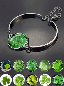 1pc Elegant Lucky Bracelet, Embedded With Four-Leaf Clover Glass Dome Design, Fashionable And Generous, Suitable For Men And Women, An Excellent Gift And Ideal Birthday Present - Silver - View 2