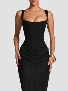 Cornelia 女士性感吊带紧身连衣裙，夏季垂褶长裙，黑色蕾丝系带露背优雅生日派对鸡尾酒礼服 - 黑色 - 查看 4