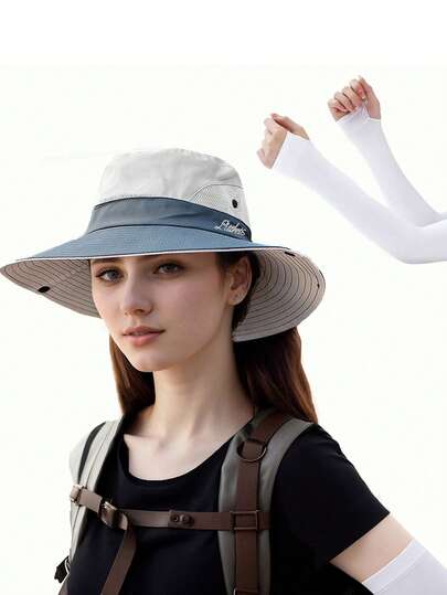 Sun Hats For Women With Protective Sleeves For Arms UV Protection Wide Brim Bucket Hats Summer Ponytail Hat With Hole