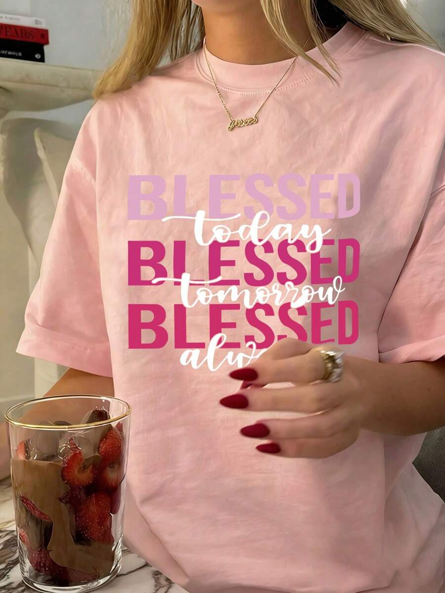 Camiseta de manga corta con cuello redondo y estampado de letras "Always", elegante y casual para el verano, versátil para el uso diario y el transporte - Rosa - Ver 1