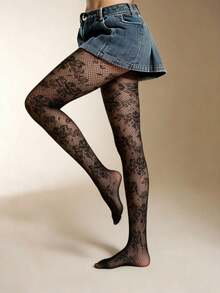 1 Pair High Waist Fishnet Tights With Floral Jacquard Sexy Net Stockings Daily Wear - Multicolor - View 5