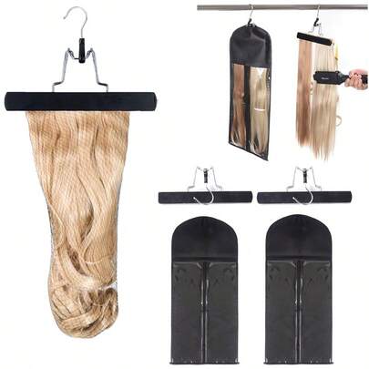 Hair Extensions Storage Bag With Hair Extensions Hanger Portable Wig Storage Bag Dust-Proof Wig Bag (Black)