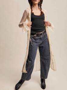 Women Lace Mesh Flowy Maxi Top Tie Front Cardigan Sheer Long Sleeve Ruffled Layering Shirt Cover Up - 白色 - 查看 5